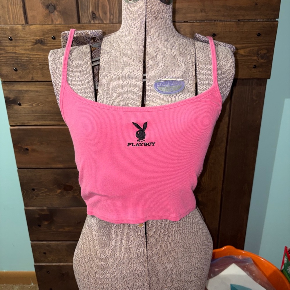 Playboy Pink Spaghetti Strap Crop Top With Black Bunny Logo